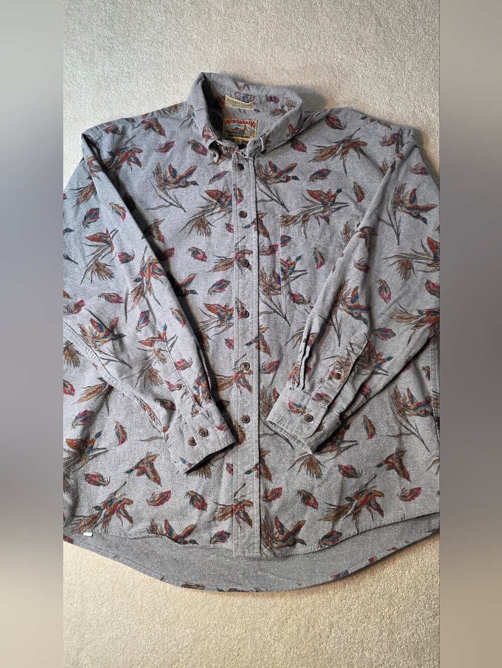 Vintage Adirondack Outdoor Cloth Long Sleeve Grey Flannel Duck Feathers Mens L